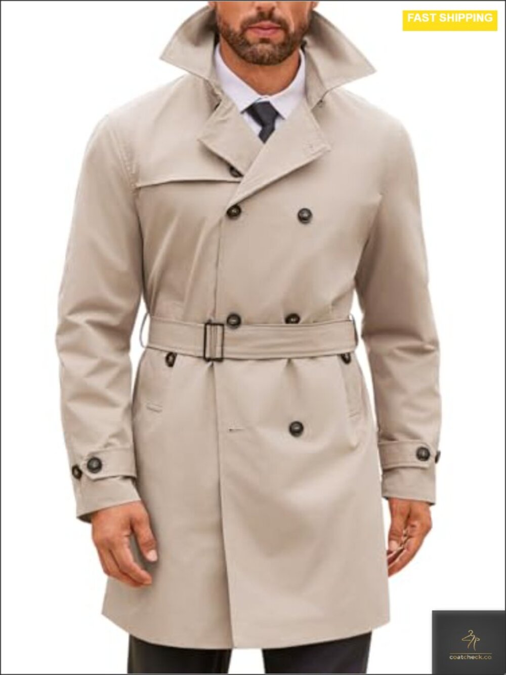 Men's Double Breasted Trench Coat Notched Lapel Windbreaker Slim Fit